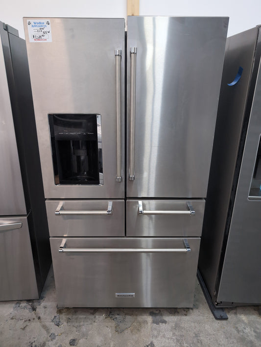 New KitchenAid 25.8 cubic foot stainless steel five-door refrigerator with ice and water in the door. Measured fill